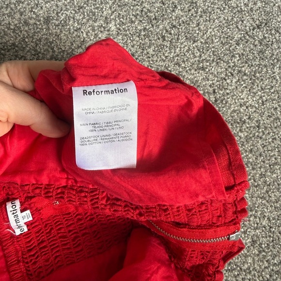 Reformation Red Linen Handkerchief Hem Tube Top Smocked Back Zip Size 10 - Picture 4 of 7